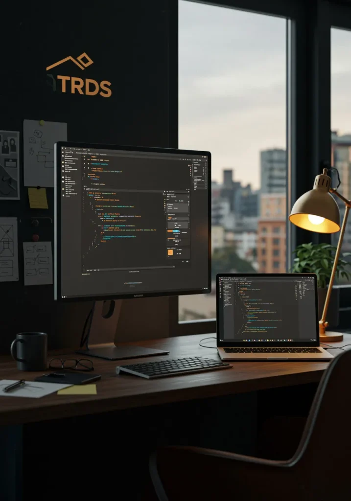 A developer workspace featuring a tall vertical monitor displaying a modern logo that reads ‘trds’, alongside a laptop actively showing real html, css, and javascript code.