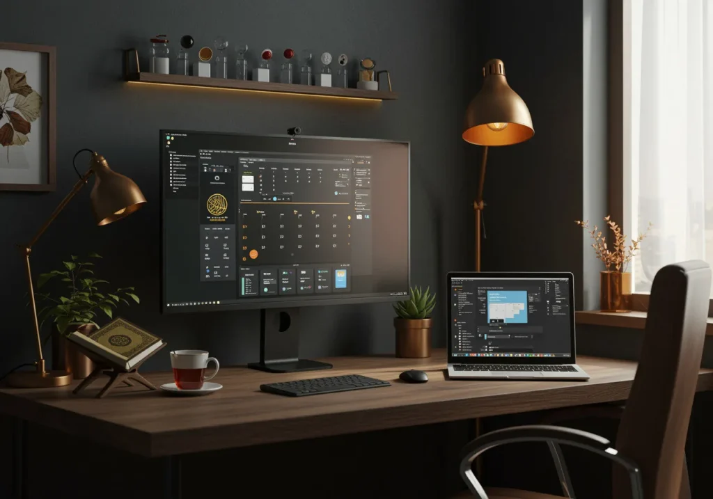 A realistic vertical workspace featuring a clean desk setup with a tall vertical monitor and a laptop