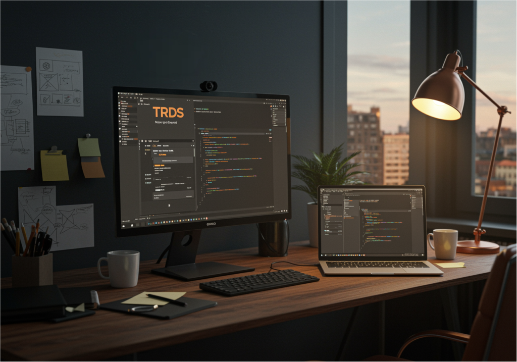 A vertical developer workspace featuring a tall vertical monitor displaying a modern logo that reads ‘TRDS’, alongside a laptop actively showing real HTML, CSS, and JavaScript code.