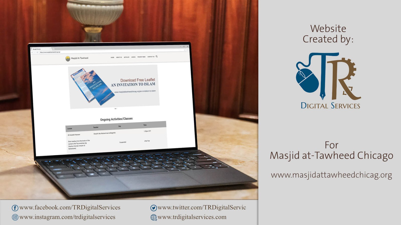 Screenshot of Masjid At-Tawheed Chicago website design.