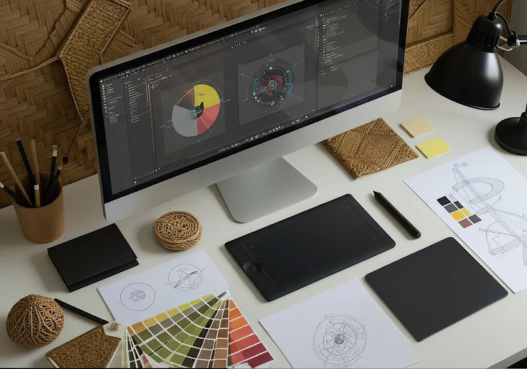 A filipino graphic designer’s workspace showing a stylus, color palette, and layers of vector design on a vertical screen.