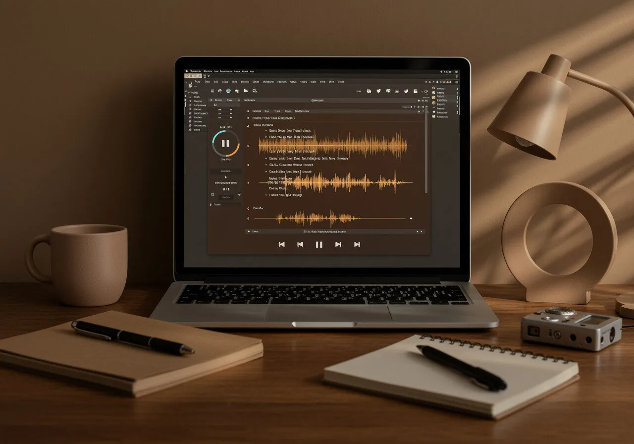 An islamic transcription setup with a screen displaying a split interface — audio playback at the top and transcribed text below.