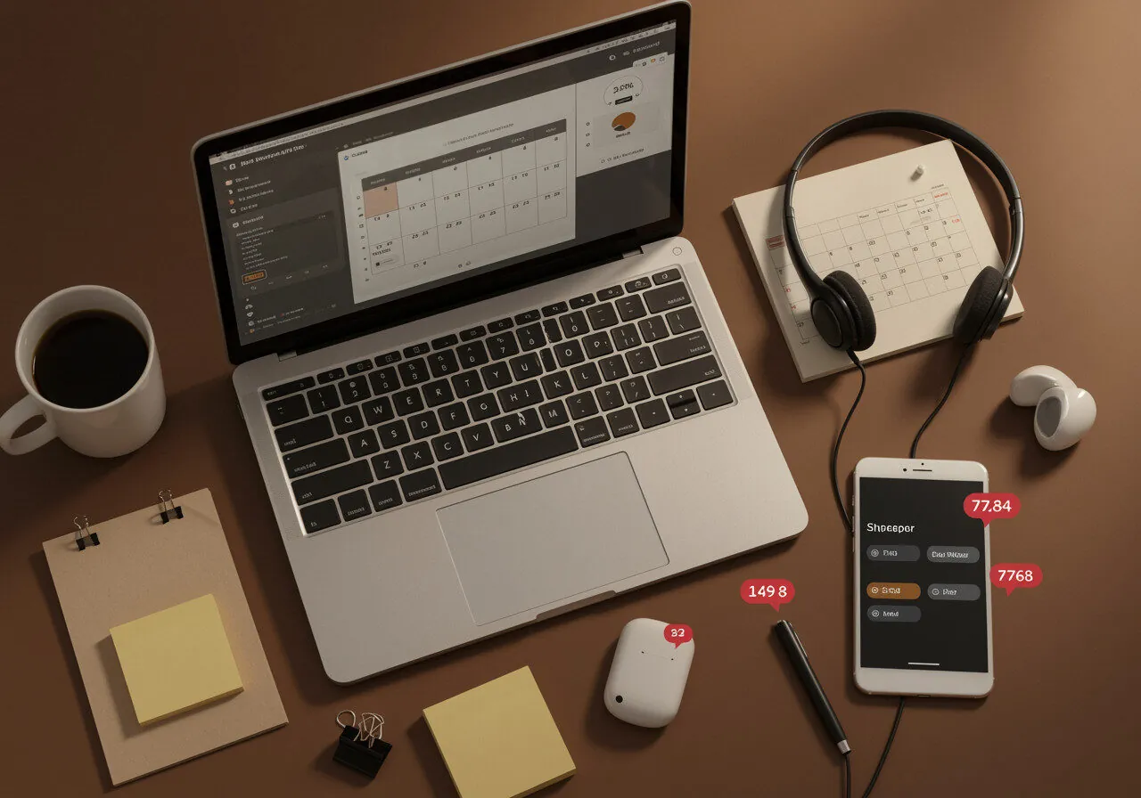 A realistic tech inspired showing a virtual assistant’s tools — headset, digital calendar, and laptop screen with task manager interface.