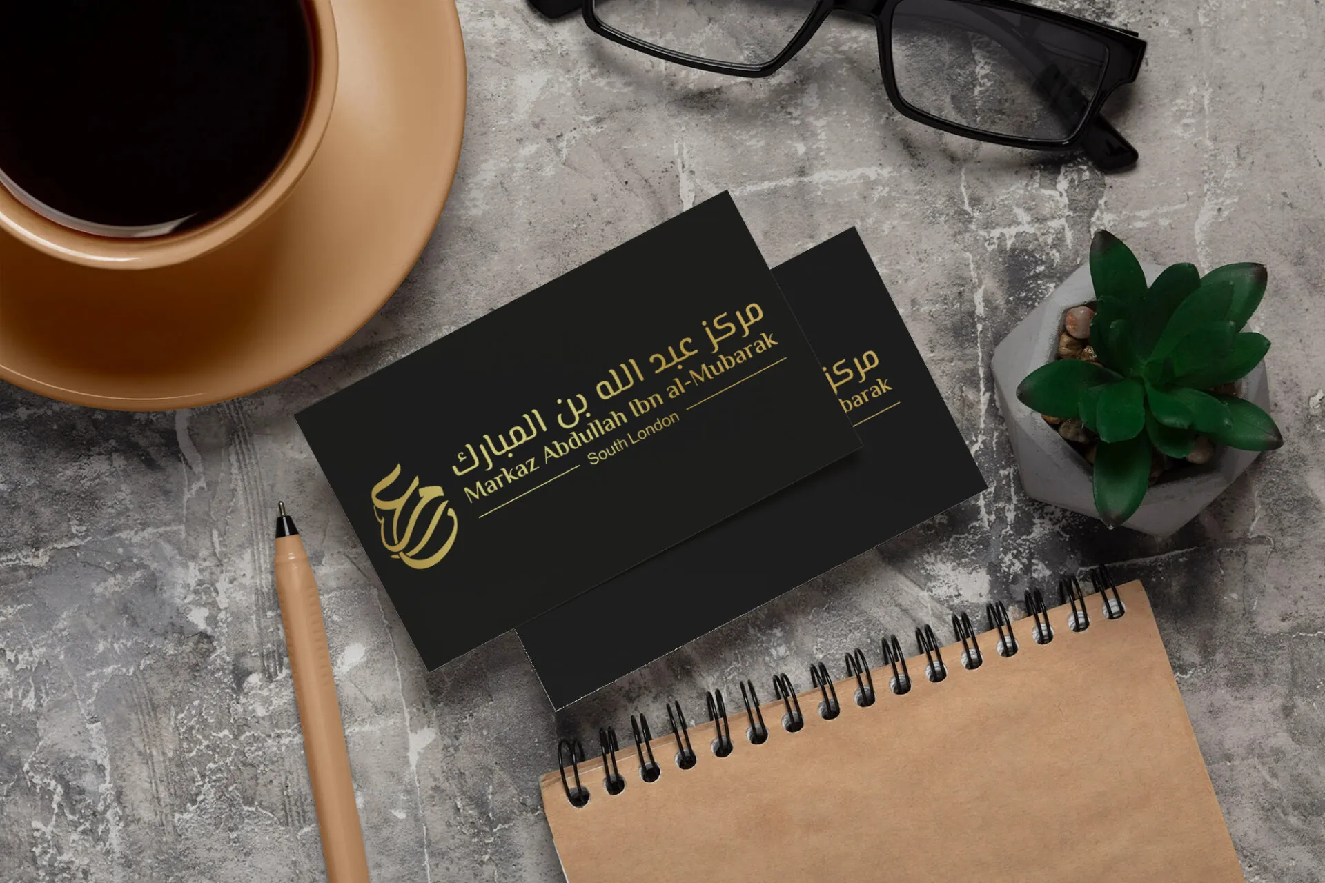 View of coffee cup with professional business card mock up